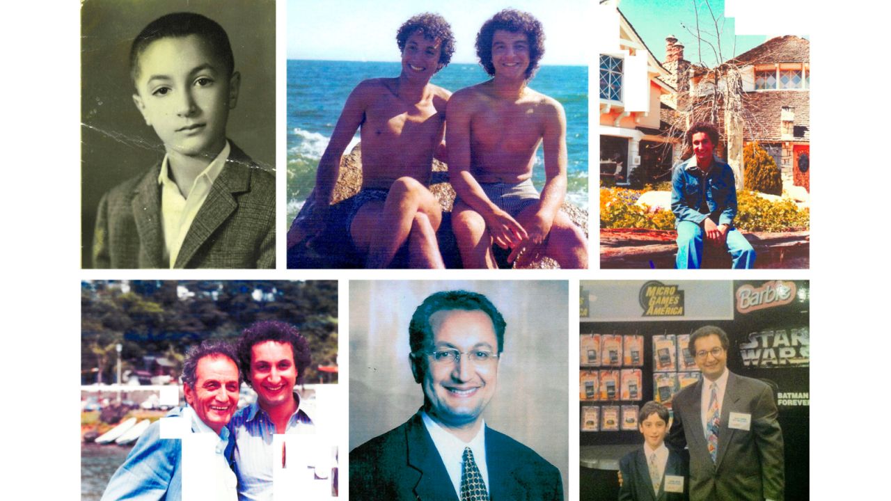 [Clockwise from top left]: Larian at age 9 in Iran; with his cousin Joseph in 1975; in Utah in 1976; with his oldest son Jason in the early 1990s at the Consumer Electronics Show in Las Vegas; as founder and CEO of MGA; with his father in 1978.