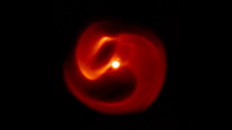 An image of Apep captured with the VISIR camera on the European Southern Observatory's Very Large Telescope. This "pinwheel" star system is most likely doomed to end in a long-duration gamma-ray burst.