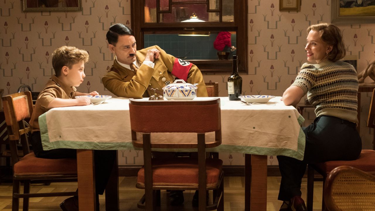 Griffin Davis, Scarlett Johansson and writer/director Taika Waititi in "Jojo Rabbit"