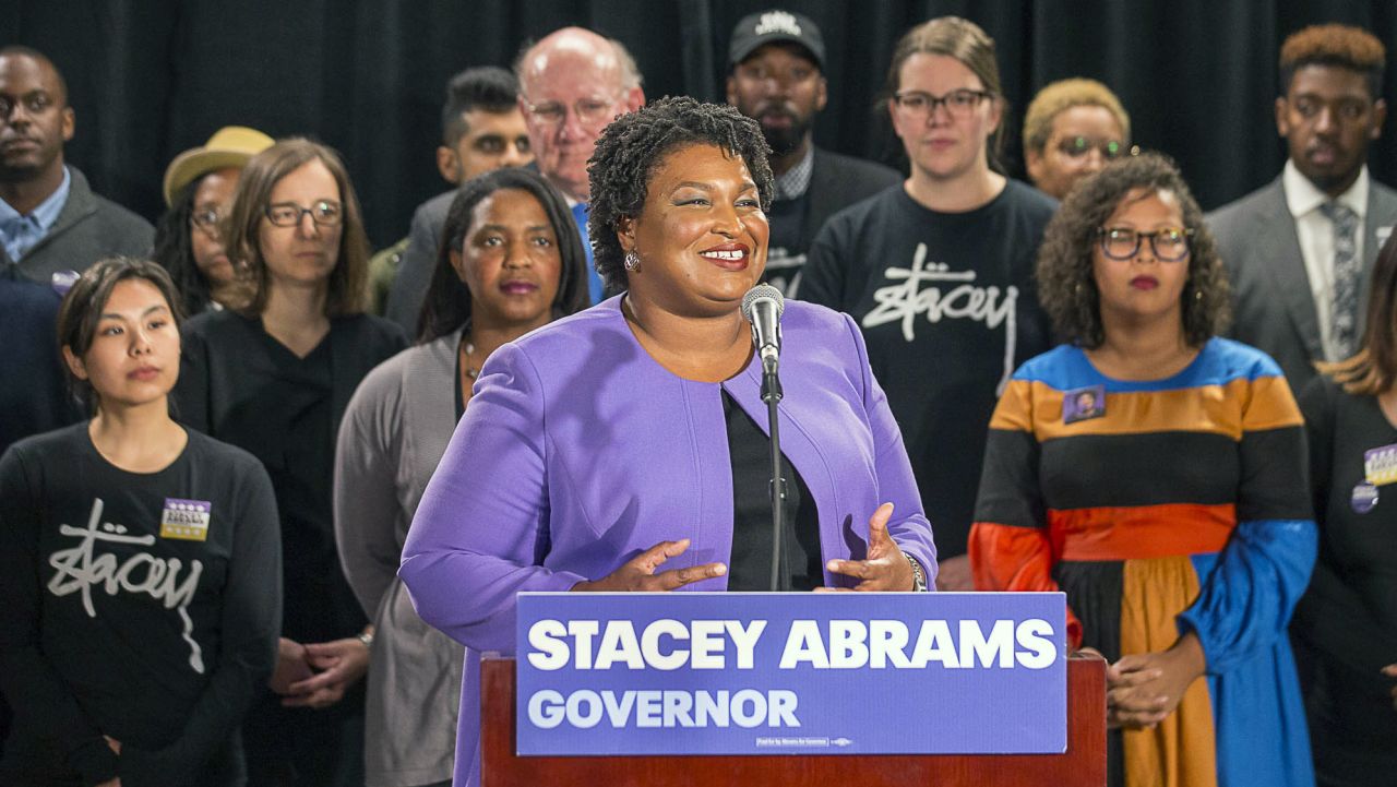 Georgia gubernatorial candidate Stacey Abrams makes remarks during a press conference at the Abrams Headquarters in Atlanta, Friday, Nov. 16, 2018. Democrat Stacey Abrams says she will file a federal lawsuit to challenge the "gross mismanagement" of Georgia elections. Abrams made the comments in a Friday speech, shortly after she said she can't win the race, effectively ending her challenge to Republican Brian Kemp. (Alyssa Pointer/Atlanta Journal-Constitution via AP)