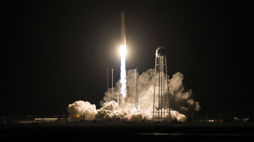 In this photo released by NASA, the Northrop Grumman Antares rocket, with Cygnus resupply spacecraft onboard, launches from Pad-0A, Saturday, Nov. 17, 2018 at NASA's Wallops Flight Facility in Va. (Joel Kowsky/NASA via AP)