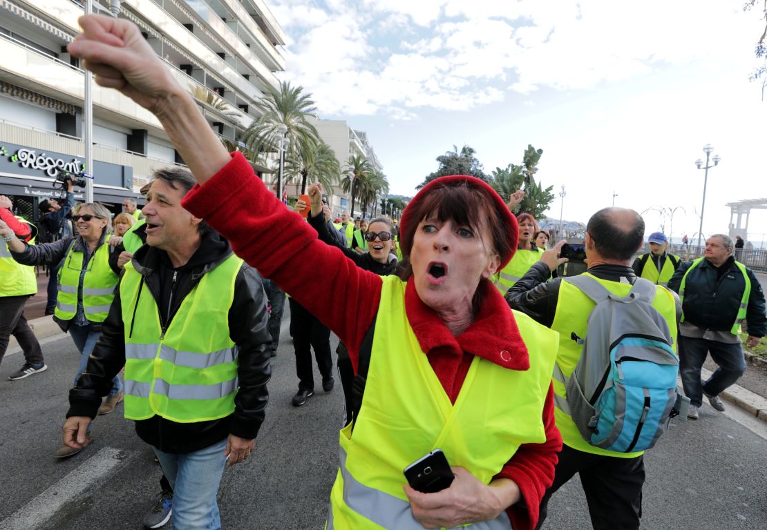 Protesters wearing yellow vests demonstrate on the Promenade des Anglais in Nice, southern France, on Saturday.