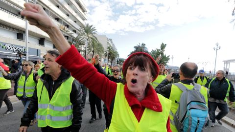 Protesters wearing yellow vests demonstrate on the Promenade des Anglais in Nice, southern France, on Saturday.