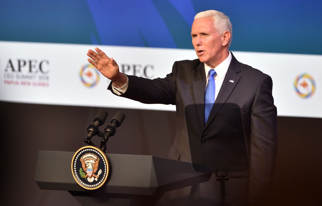 US Vice President Mike Pence waves after delivering his keynote speech at the APEC summit in Port Moresby, Papua New Guinea, on Saturday.