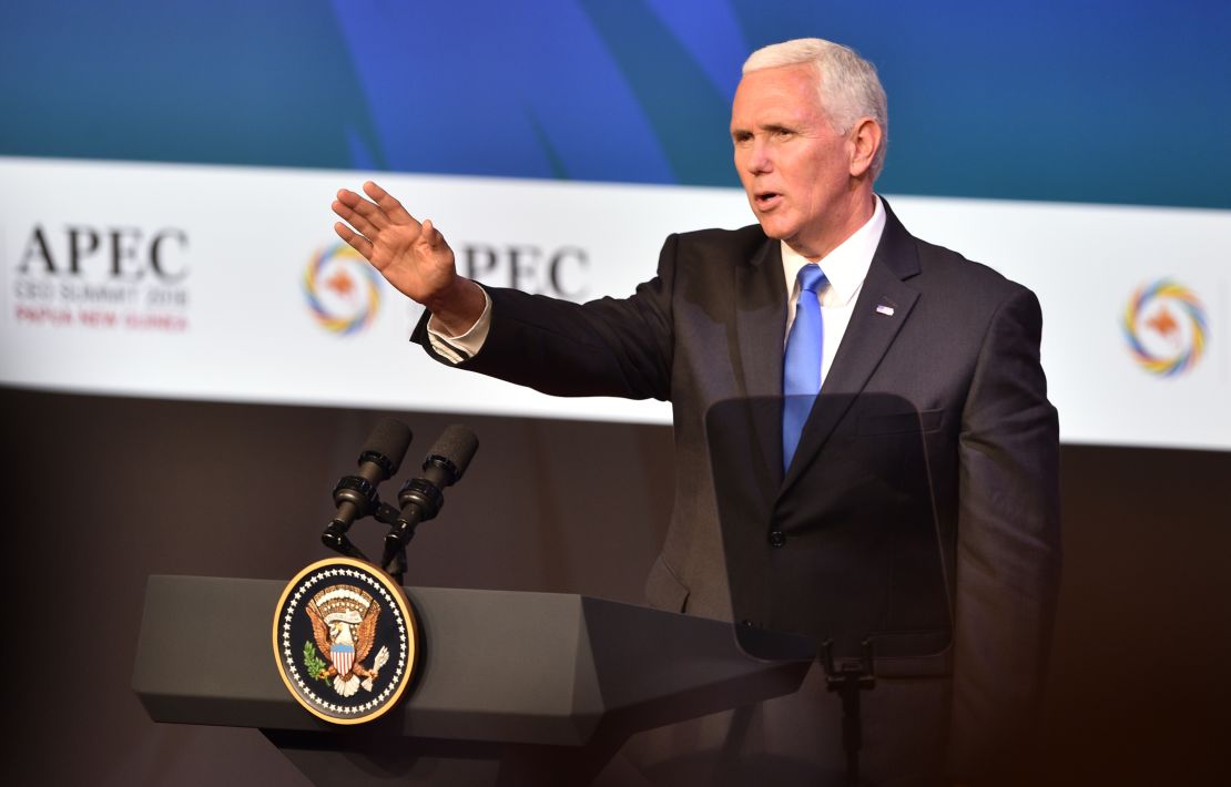 US Vice President Mike Pence waves after delivering his keynote speech for the CEO Summit of the Asia-Pacific Economic Cooperation (APEC) summit in Port Moresby on November 17, 2018. 