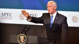 US Vice President Mike Pence waves after delivering his speech at the Summit of the Asia-Pacific Economic Cooperation (APEC) in Port Moresby on November 17, 2018.
