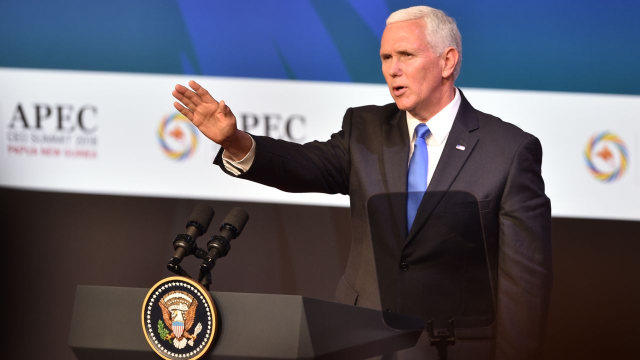 US Vice President Mike Pence waves after delivering his keynote speech at the APEC summit in Port Moresby, Papua New Guinea, on Saturday.