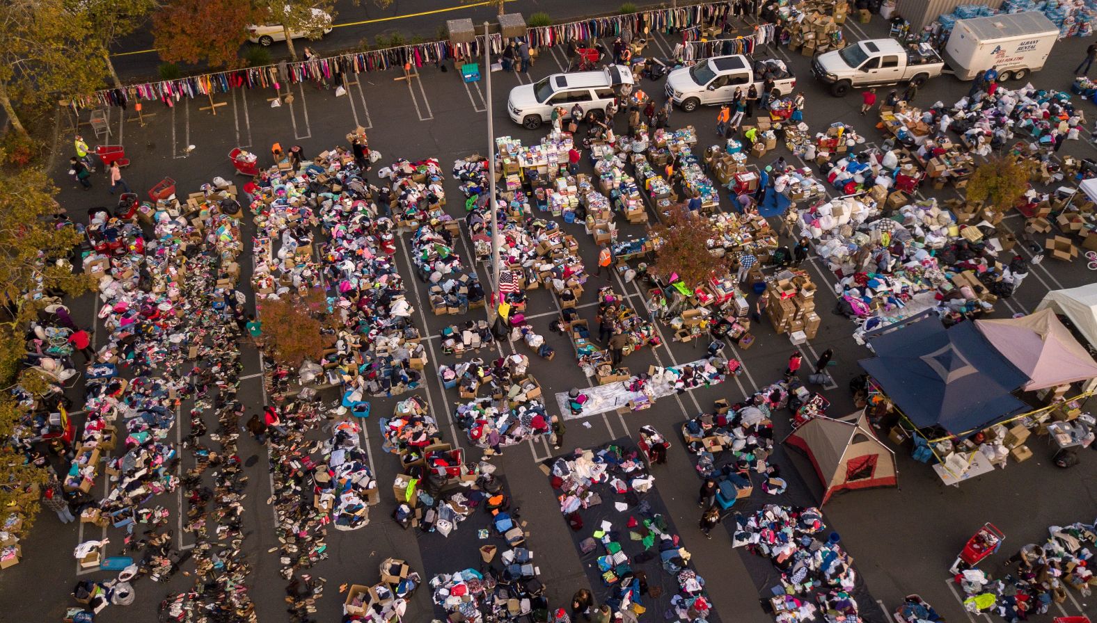 Fire evacuees sift through donated items in a Chico parking lot November 17.