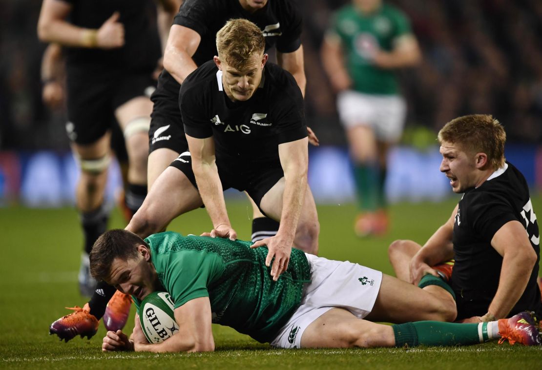 Ireland's Jacob Stockdale scores the only try of the game against New Zealand at the Aviva Stadium in Dublin.