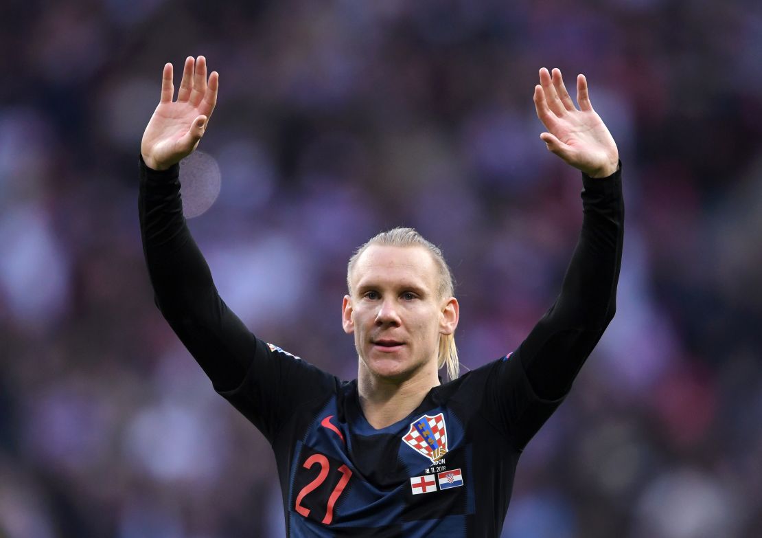 Croatia's Domagoj Vida of Croatia shows appreciation to the fans.