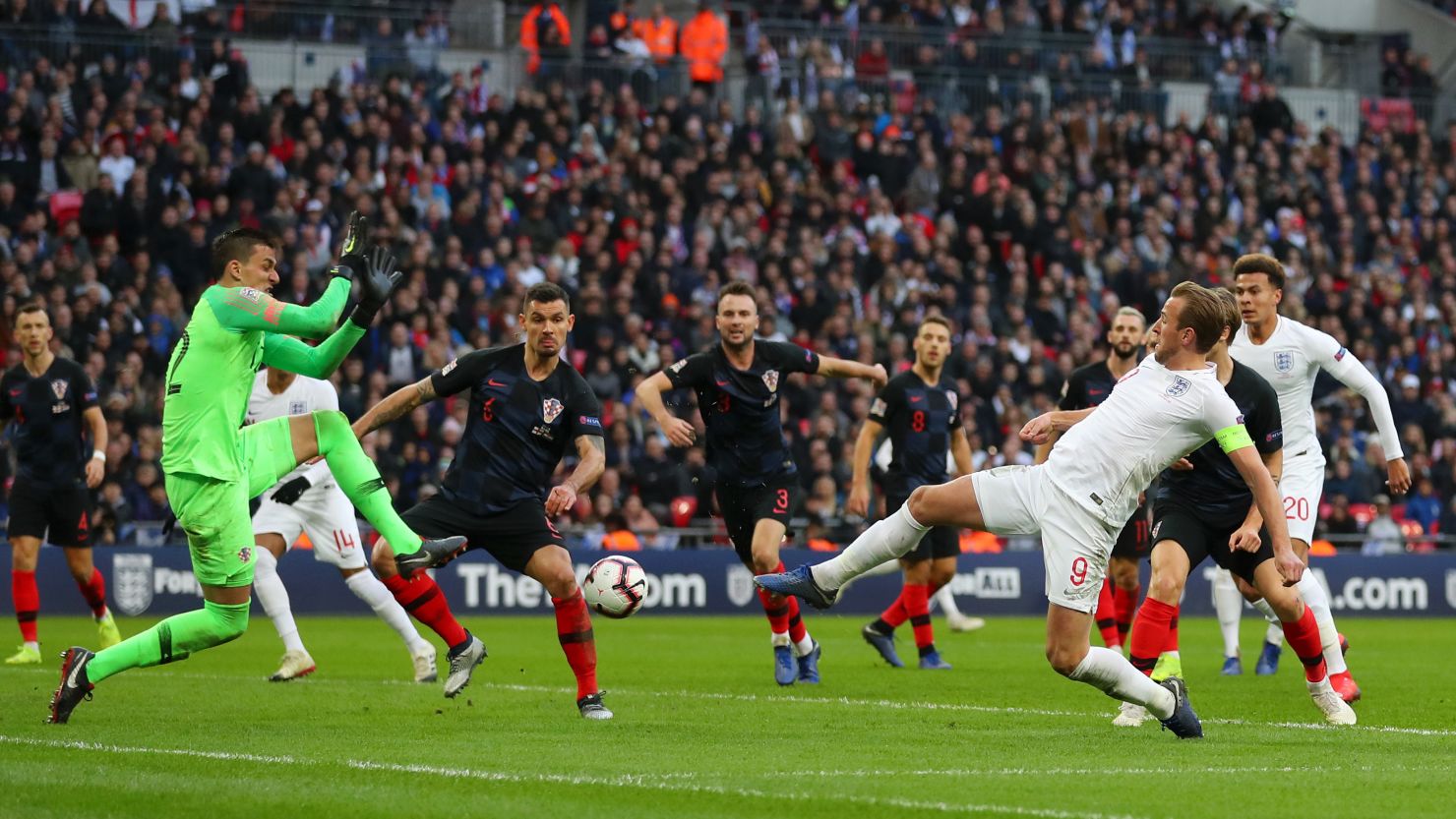 England's Harry Kane provides an assist for Jesse Lingard for the team's first goal against Croatia.