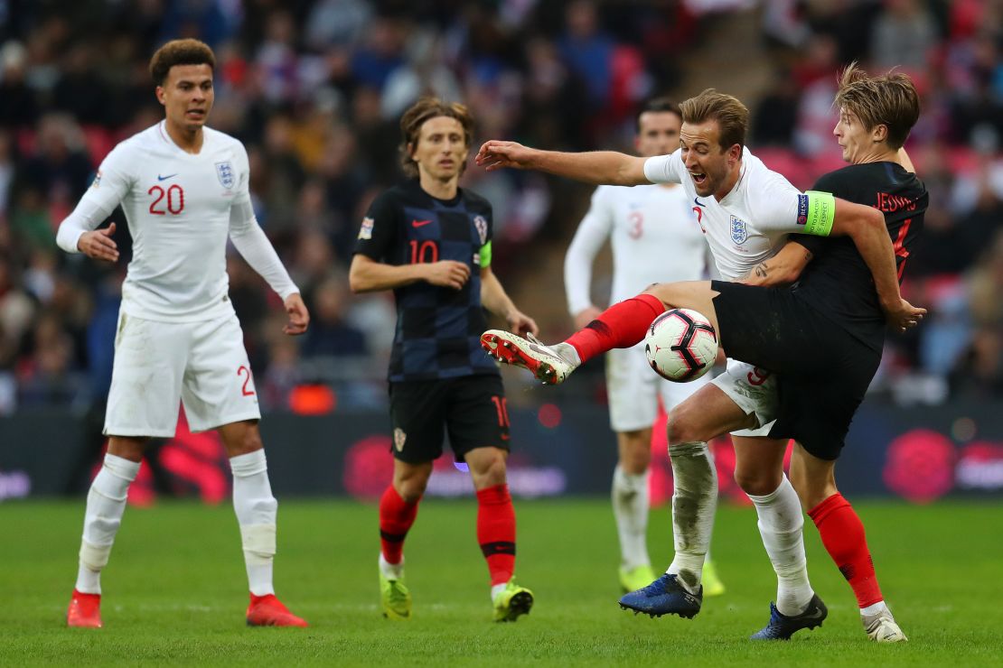 Harry Kane of England is challenged by Tin Jedvaj of Croatia during their UEFA Nations League A group four match.