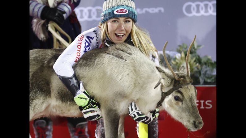 United States skier Mikaela Shiffrin makes friends with her new reindeer after winning the women's World Cup slalom event in Levi, Finland on Saturday, November 17. In lieu of a first place medal, the annual event awards a reindeer to its champion. Shiffrin now has three reindeer to her name, winning the event previously in 2013 and 2016.