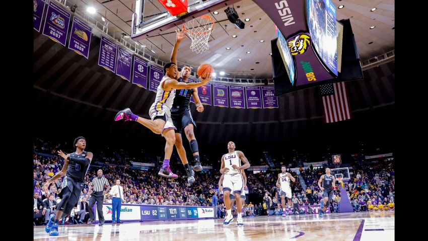 Nov 13, 2018; Baton Rouge, LA, USA; LSU Tigers guard Tremont Waters (3) shoots an underhand lay up against Memphis Tigers guard Tyler Harris (1) in the second half at Maravich Assembly Center. Mandatory Credit: Stephen Lew-USA TODAY Sports     TPX IMAGES OF THE DAY