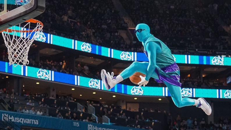 Charlotte Hornets mascot "Super Hugo" performs during a break in the second half of a game between the Charlotte Hornets and the Philadelphia 76ers at the Spectrum Center in Charlotte, North Carolina on November 17.