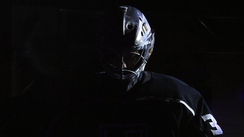Los Angeles Kings goaltender Peter Budaj enters the ice before the start of the second period against the Toronto Maple Leafs on November 13 at the Staples Center in Los Angeles, California.