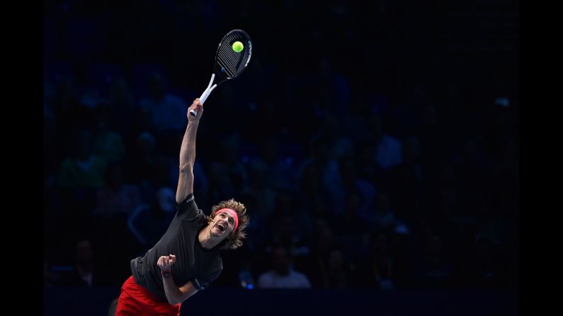 Germany's Alexander Zverev serves against John Isner of the United States during their men's singles round-robin match on day six of the ATP World Tour Finals tennis tournament at the O2 Arena in London on November 16.