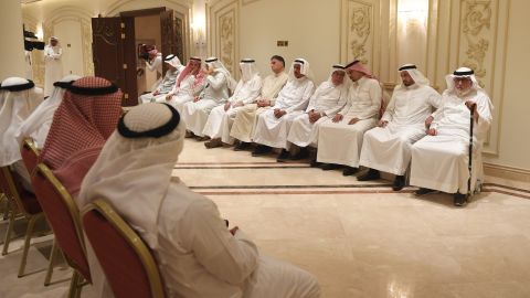 Salah Khashoggi (third from the right) and his relatives receive mourners at an events hall in the Saudi coastal city of Jeddah on November 16, 2018.