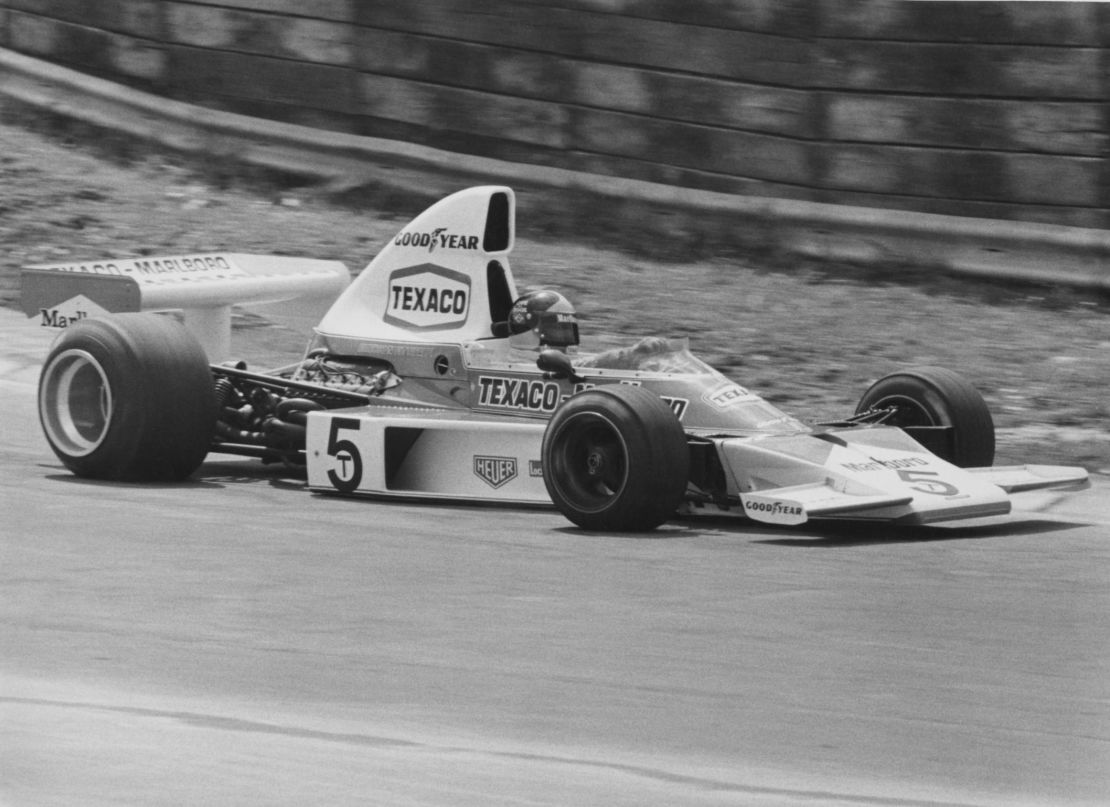 Brazilian Emerson Fittipaldi at the wheel of his McLaren-Cosworth M23 during the qualifying rounds for the 1974 British Grand Prix.