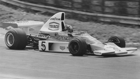 Brazilian Emerson Fittipaldi at the wheel of his McLaren-Cosworth M23 during the qualifying rounds for the 1974 British Grand Prix.