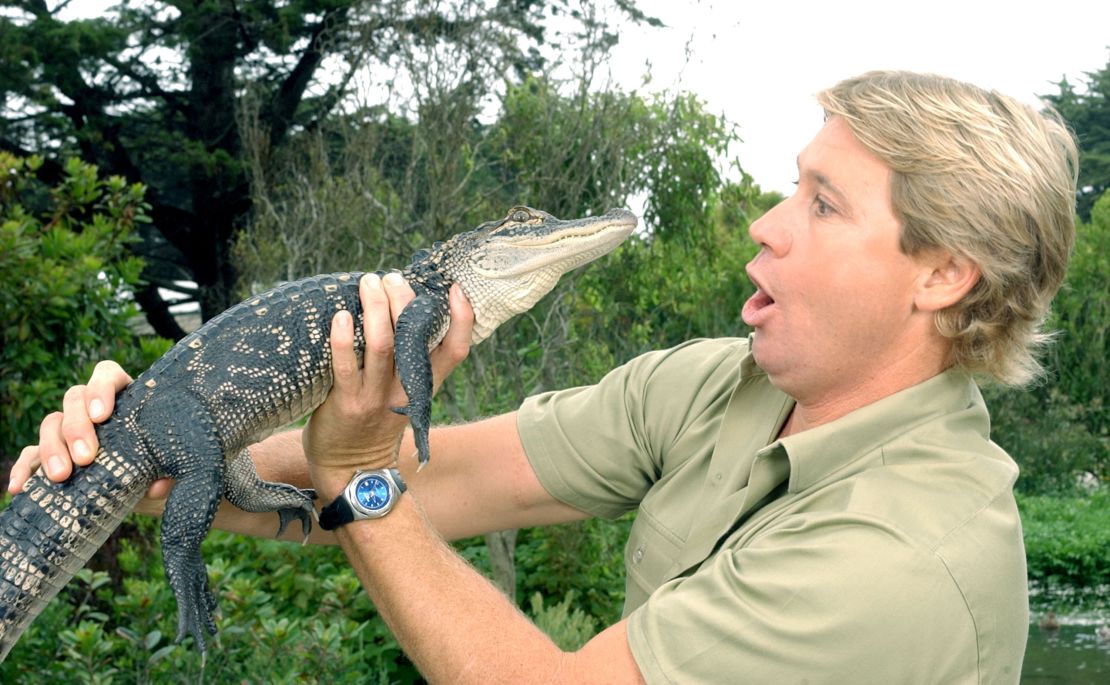 Steve Irwin, the TV personality known as the Crocodile Hunter, poses with a three foot long alligator at the San Francisco Zoo in June 2002.
