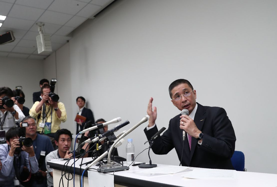 Nissan Motors CEO Hiroto Saikawa speaks during a press conference, detailing the allegations against Ghosn.