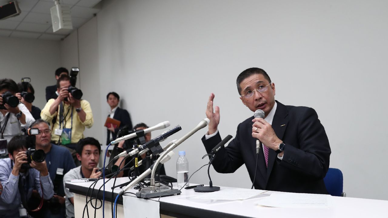 Nissan Motors CEO Hiroto Saikawa speaks during a press conference, detailing the allegations against Ghosn.