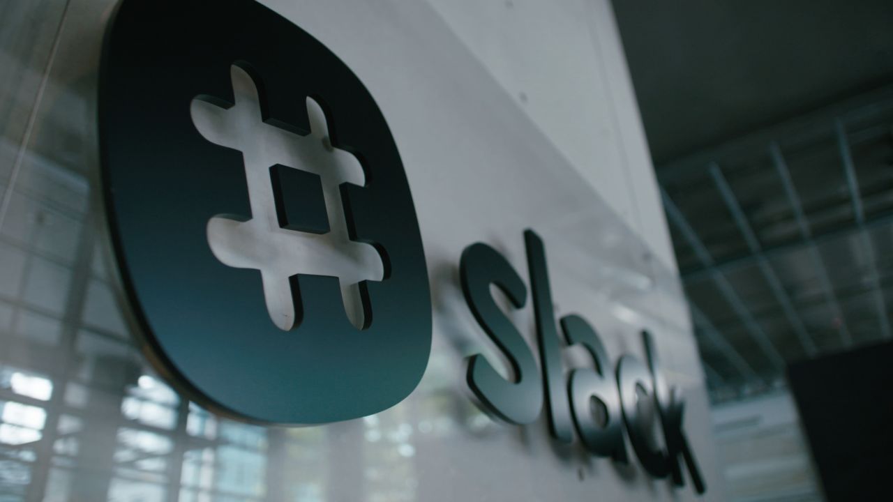 The Slack logo at its offices. 