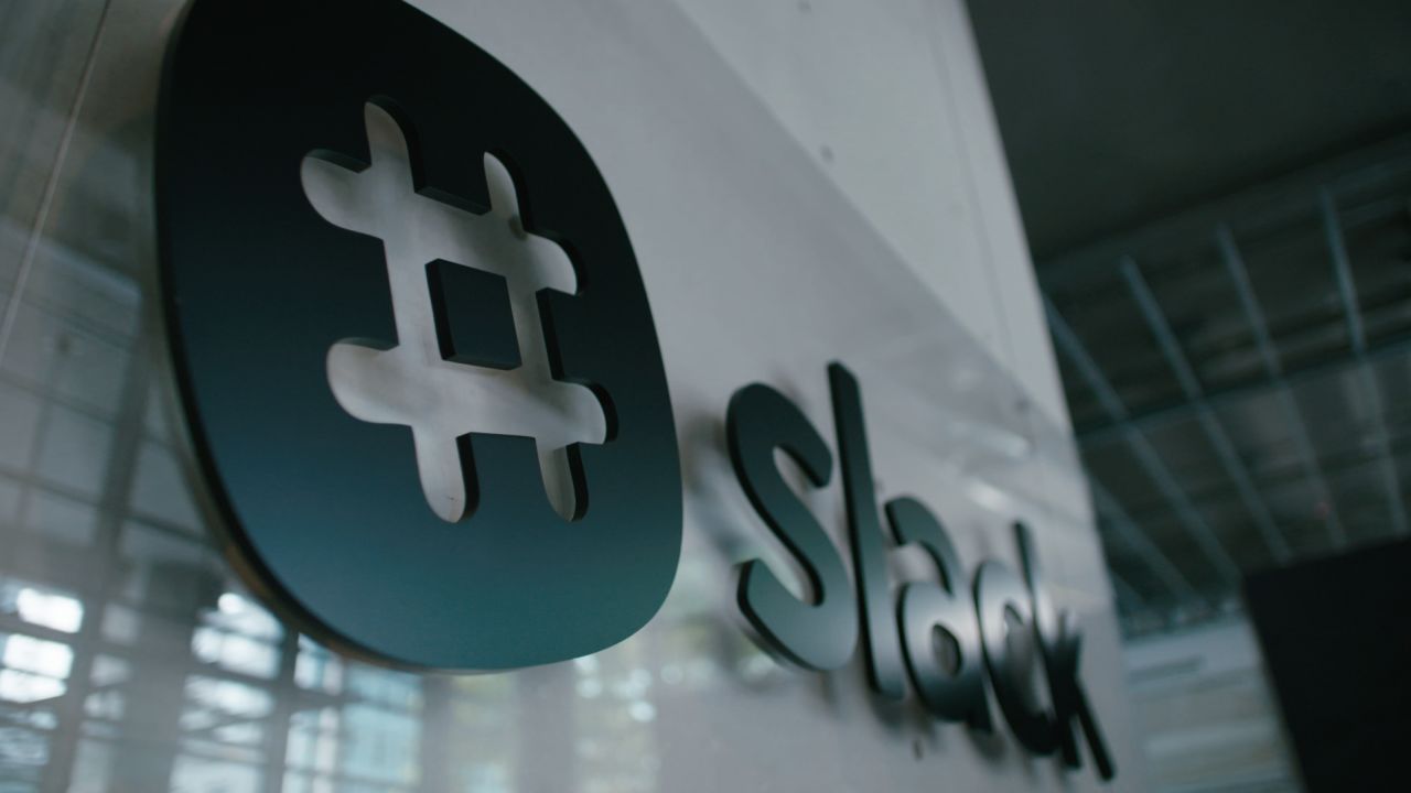 The Slack logo at its offices.