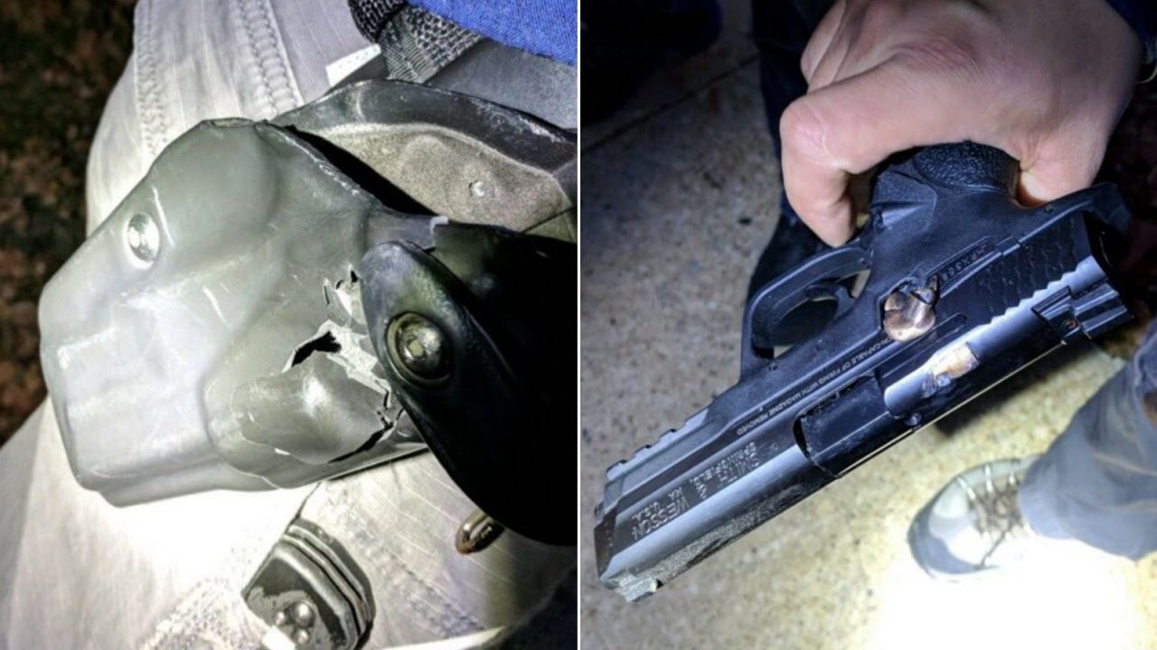 Images show how an officer's holster and gun stopped a bullet during Monday's hospital shooting.