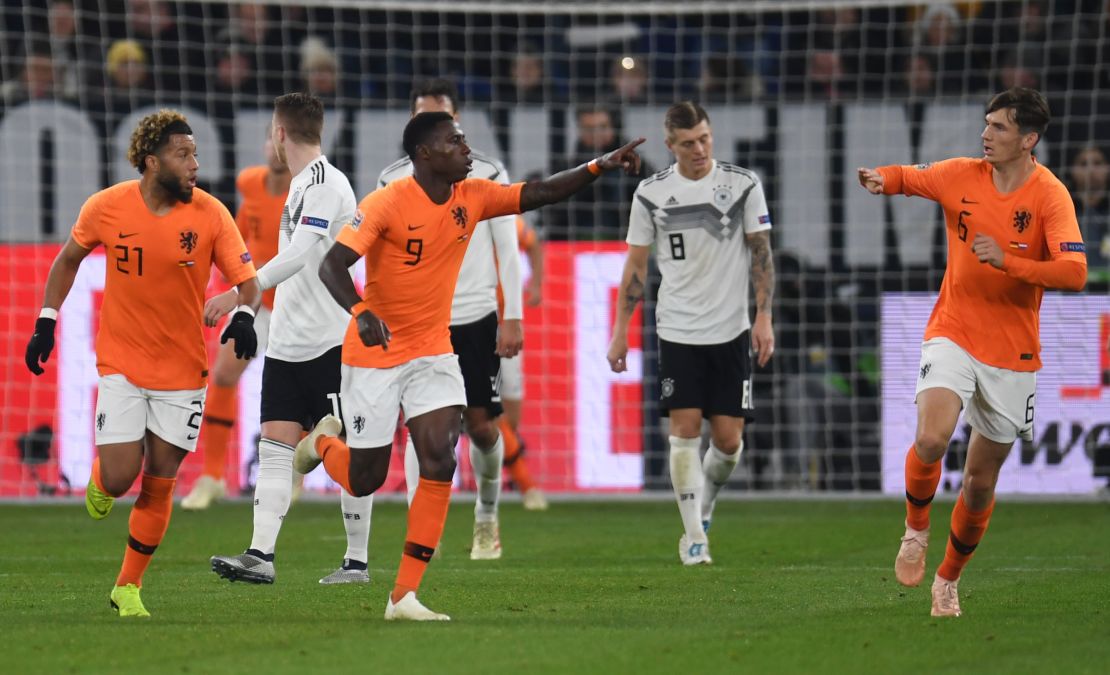 Dutch forward Quincy Promes celebrates after scoring his team's first goal on the 85th minute.