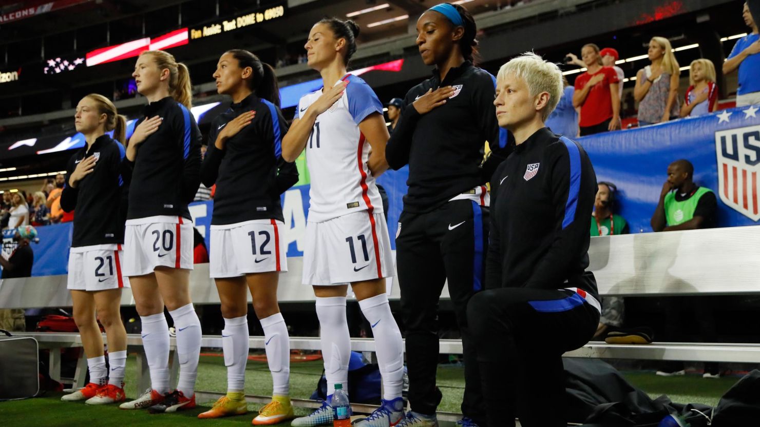 Rapinoe kneels during the US national anthem prior to the match between the United States and the Netherlands at Georgia Dome.