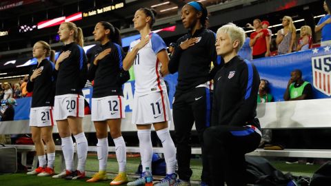 Rapinoe kneels during the US national anthem prior to the match between the United States and the Netherlands at Georgia Dome.