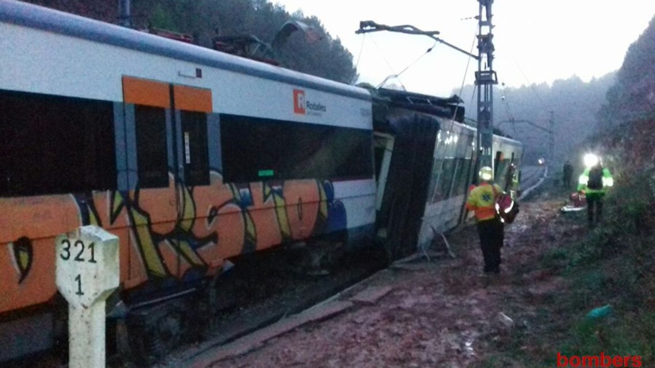 Photos posted on the regional fire brigade's Twitter account show the train derailment.