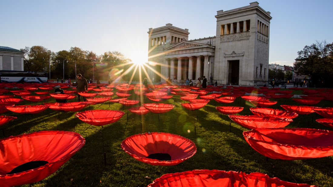 <strong>Munich, Germany:</strong> "Never Again," a work by artist Walter Kuhn to mark the 100th anniversary of the end of World War I, fills Munich's Königsplatz. 
