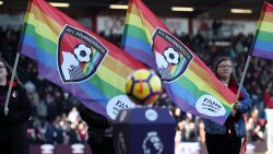 BOURNEMOUTH, ENGLAND - FEBRUARY 24: Rainbow flags are held up before the Premier League match between AFC Bournemouth and Newcastle United at Vitality Stadium on February 24, 2018 in Bournemouth, England. (Photo by Catherine Ivill/Getty Images)