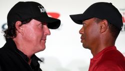LAS VEGAS, NV - NOVEMBER 20:  (L-R) Phil Mickelson and Tiger Woods face-off during a press conference before The Match at Shadow Creek Golf Course on November 20, 2018 in Las Vegas, Nevada.  (Photo by Harry How/Getty Images for The Match)
