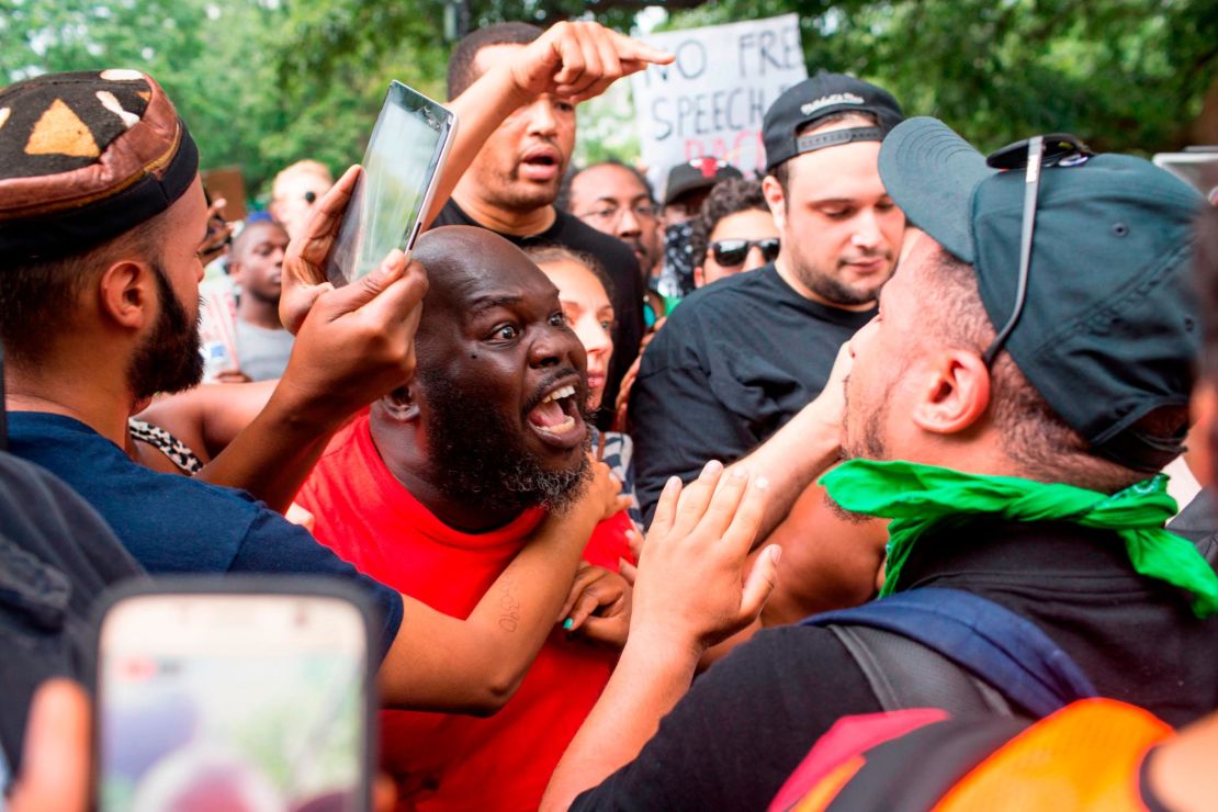 Antifa and counter protesters to a far-right rally argue in Washington in August 2018.