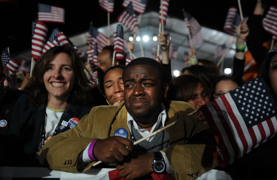 A man cries as Barack Obama speaks following his election in 2008.