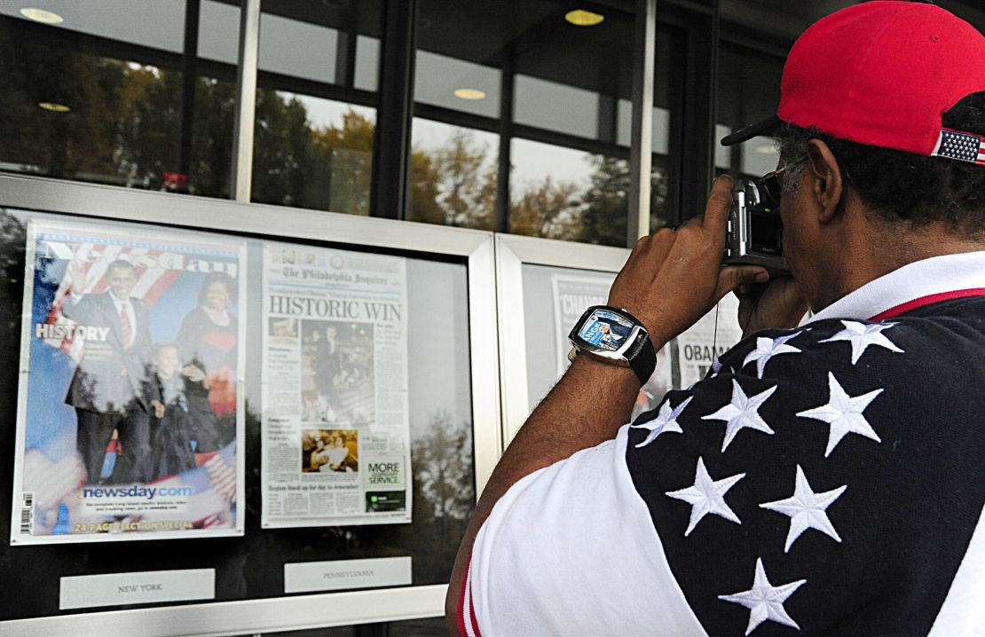 Newspaper front pages lauded the historic nature of Obama's win.