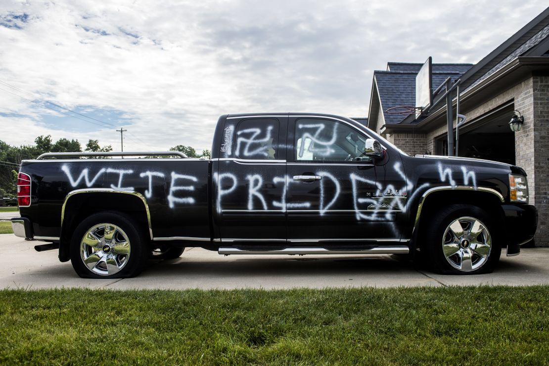 The truck of a black man was vandalized with swastikas, the n-word and "wite pride" graffiti in Michigan.