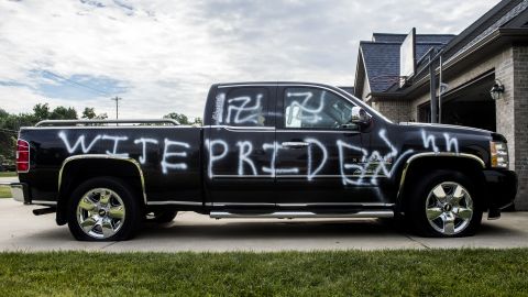 The truck of a black man was vandalized with swastikas, the n-word and "wite pride" graffiti in Michigan.