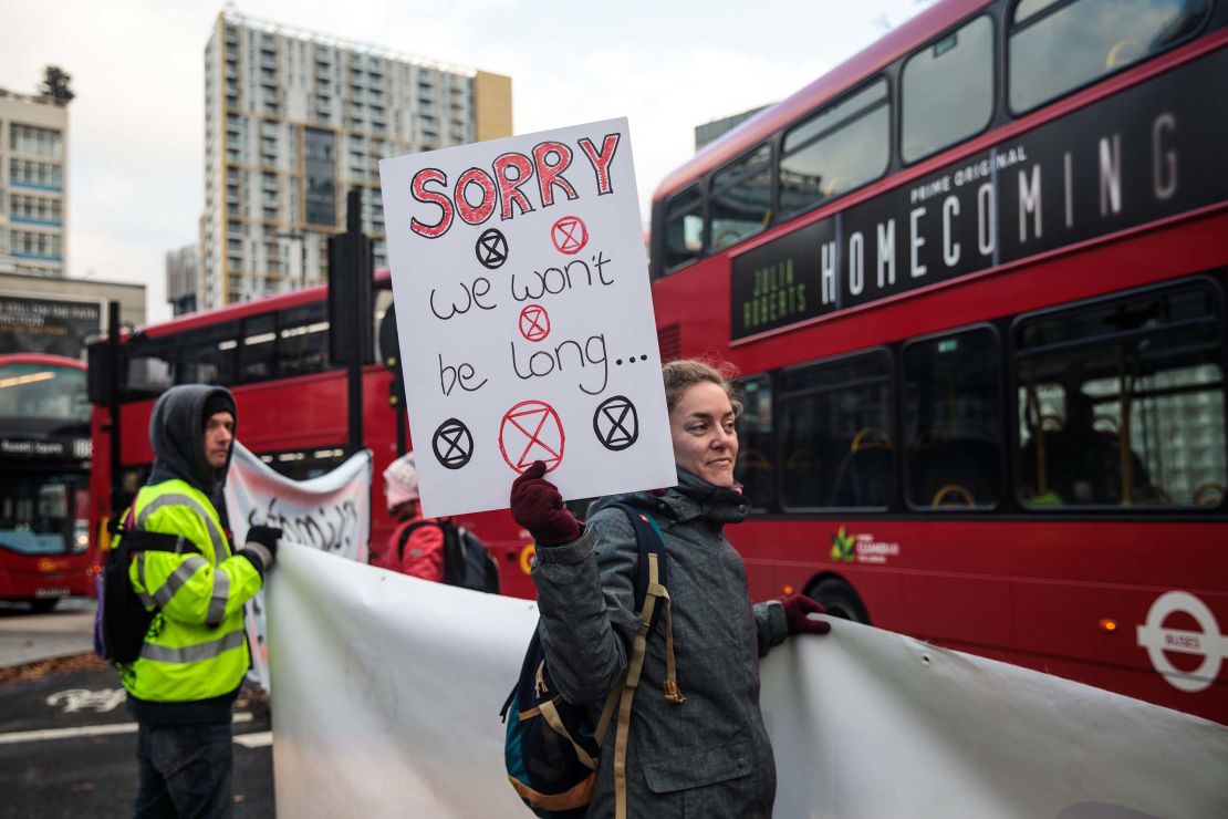 Climate protesters from the Extinction Rebellion group block traffic in London, November 21.