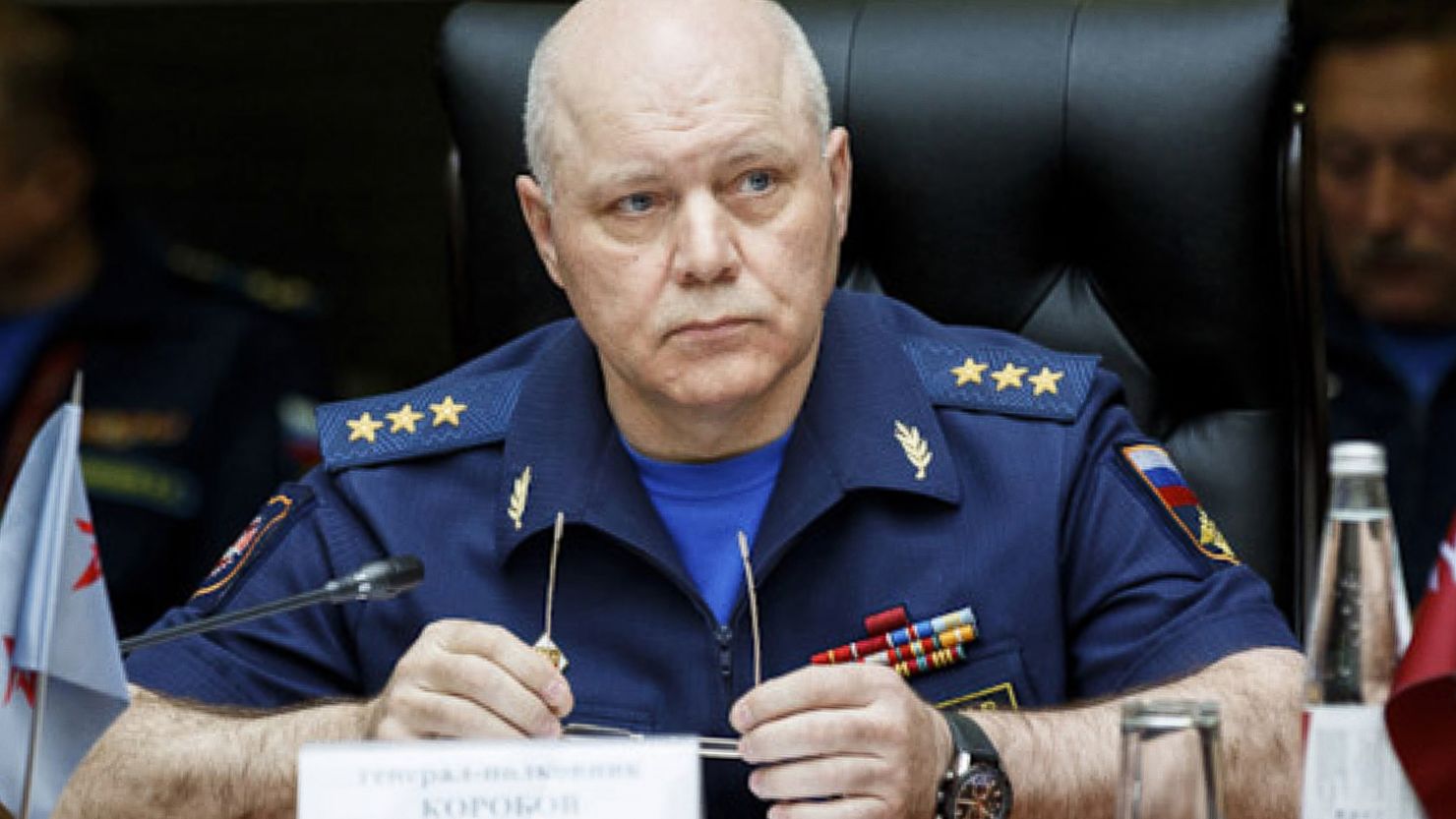 Igor Korobov, the head of the Russian military intelligence agency GRU, speaks during a news conference in Auhust 2017.