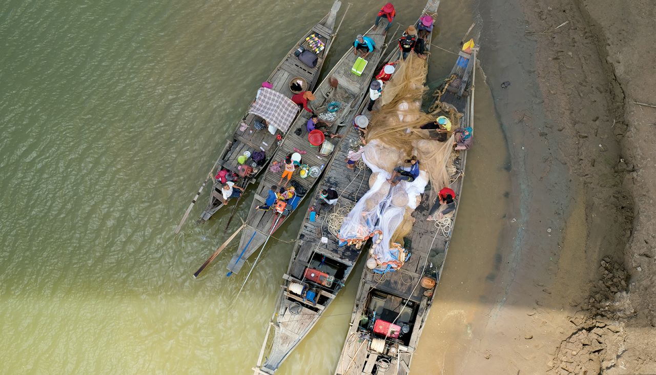 Some communities live in boats on the river, such as the Cham people pictured here on the western bank of the Mekong in Kampong Cham, Cambodia. 