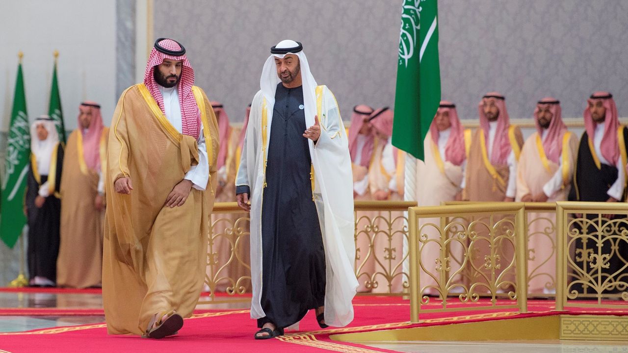  Crown Prince and Defense Minister of Saudi Arabia Mohammad bin Salman al-Saud  is welcomed by Crown Prince of Abu Dhabi Mohammed bin Zayed Al Nahyan with an official ceremony in Abu Dhabi, United Arab Emirates on November 22, 2018. 