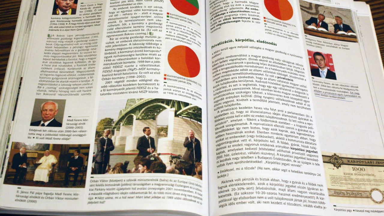 The current history textbook for Year Eight students shows Orban opening a bridge and meeting with the Pope.
