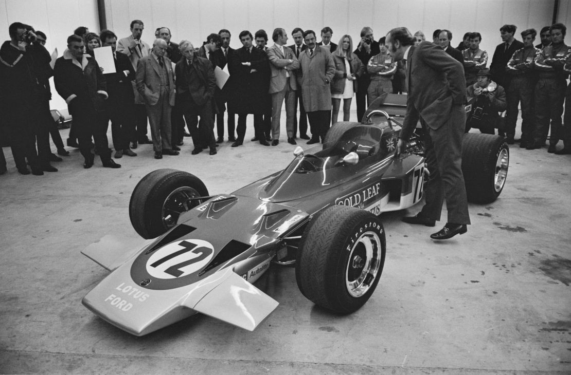 The new Formula One racing car, the Lotus 72, designed by Colin Chapman and Maurice Philippe of Lotus.