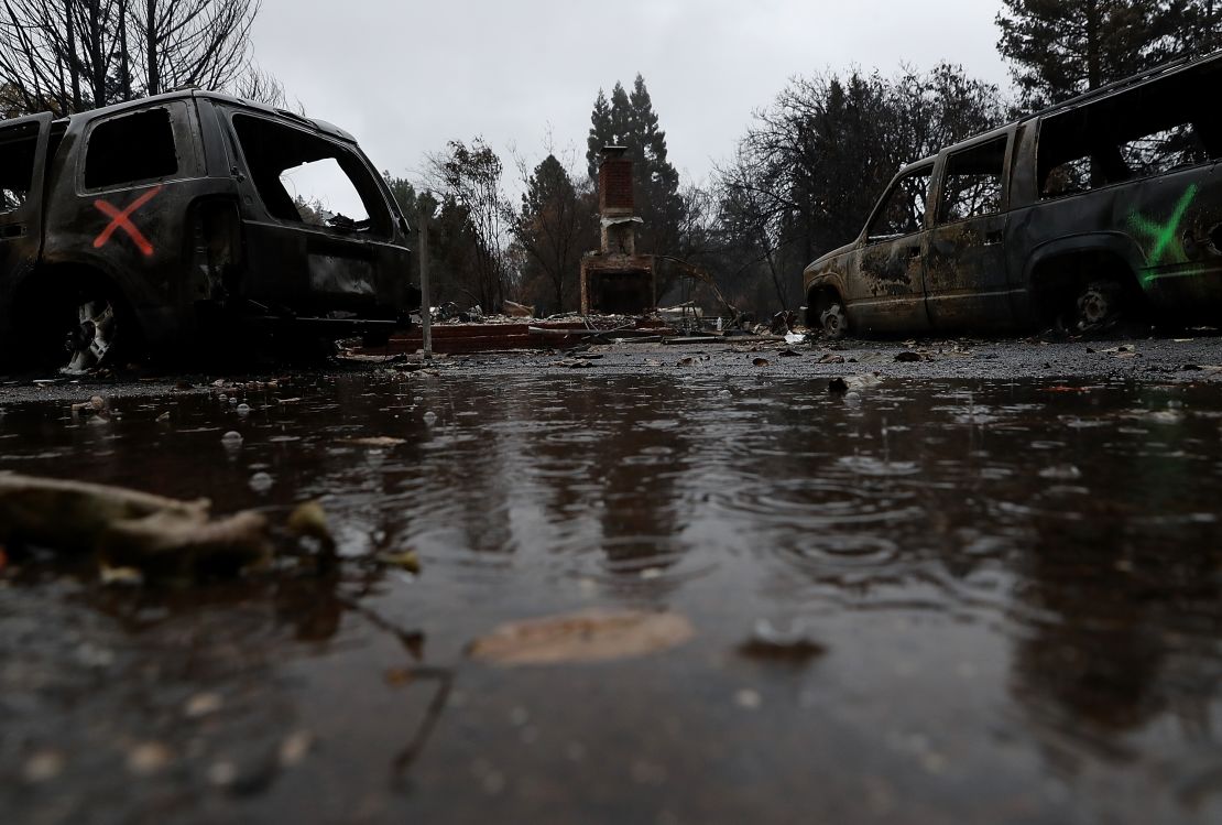 Rain falls earlier this week on a home destroyed by the Camp Fire in Paradise, California. 