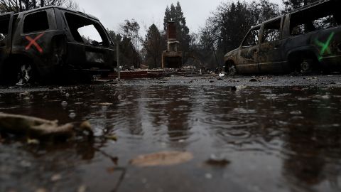 Rain falls earlier this week on a home destroyed by the Camp Fire in Paradise, California. 